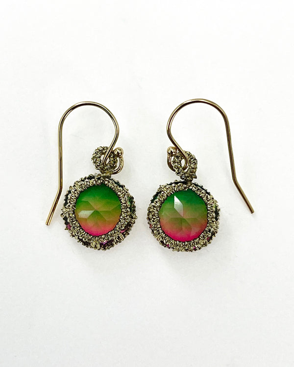 Caged Watermelon Quartz Earring with Gold Cord
