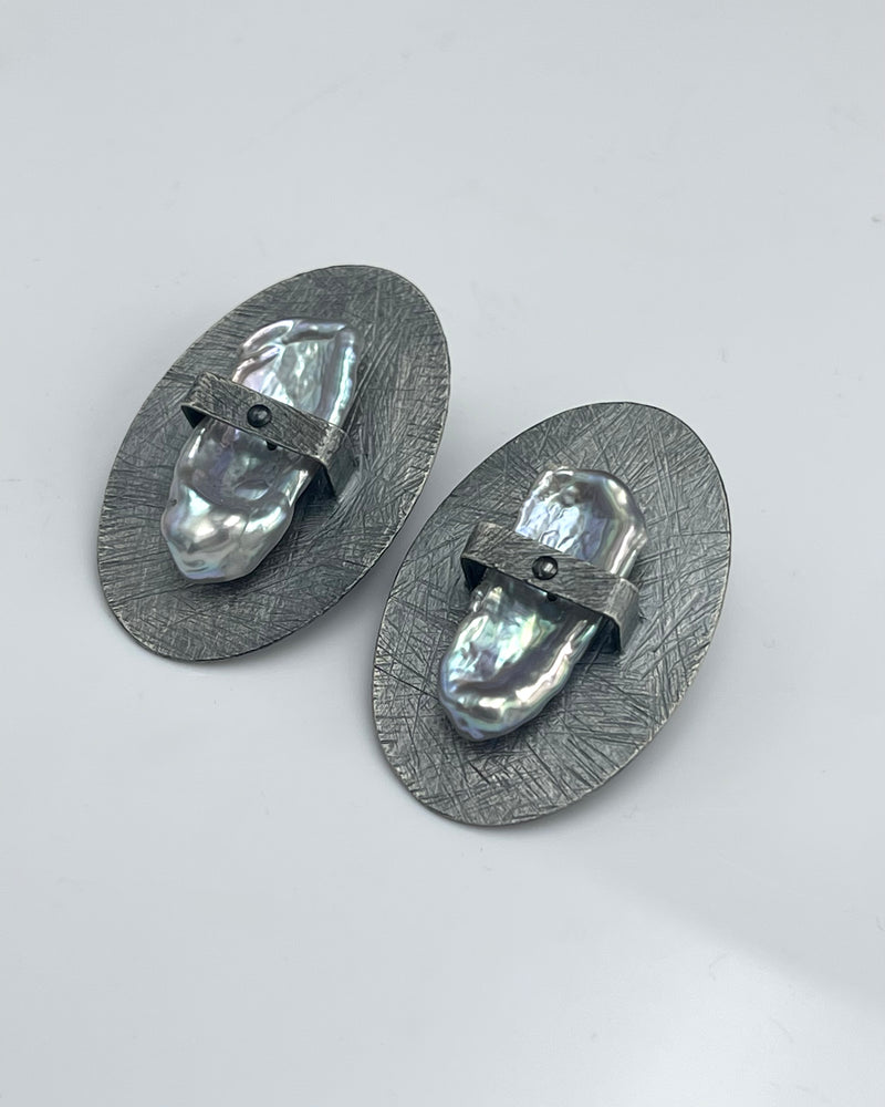 Heather Guidero Carved Ellipse with Biwa Pearl Earrings