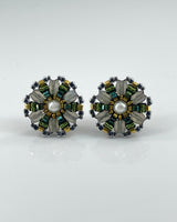 Miguel Ases Green/White Flower Button Earrings