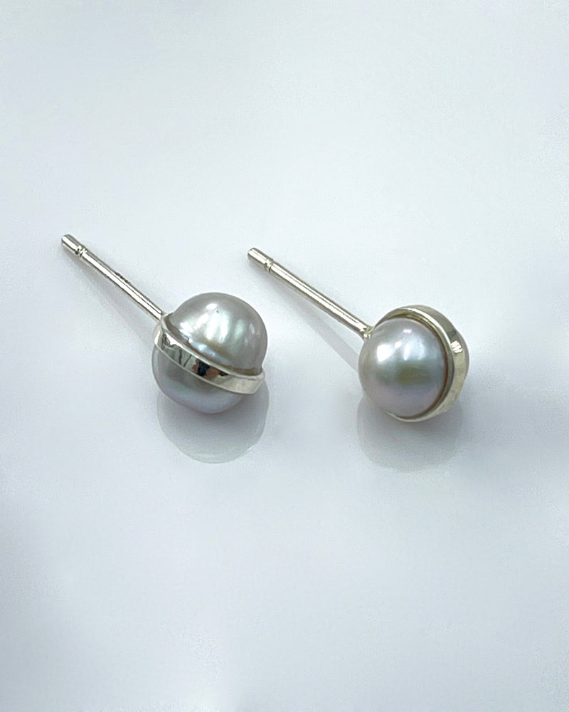 Melissa Joy Manning Bezel Wrap Grey Pearl Stud Earrings