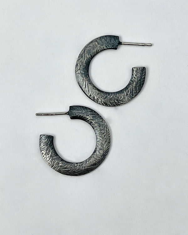 Carved Oxidized Silver Hoops