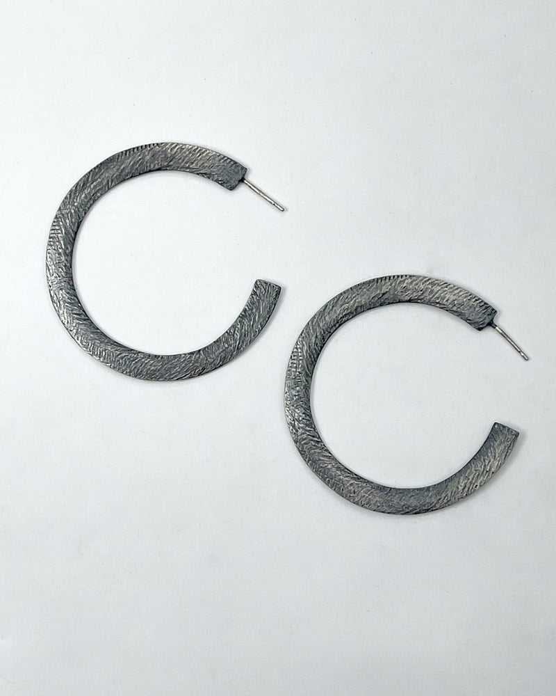 Carved Oxidized Silver Hoops