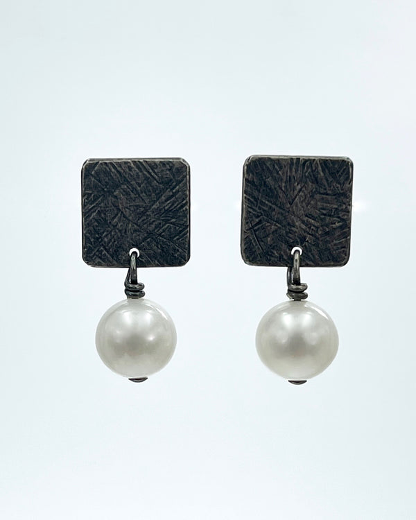 Carved Small Tab Post Earrings with White Pearls